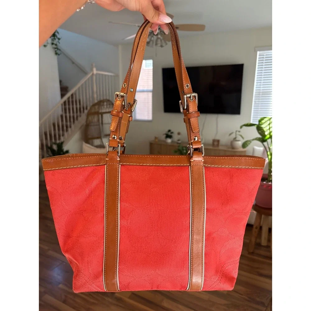 Coach Signature Jacquard Tote Bag Coral Coral Leather Trim‎ Shoulder Bag